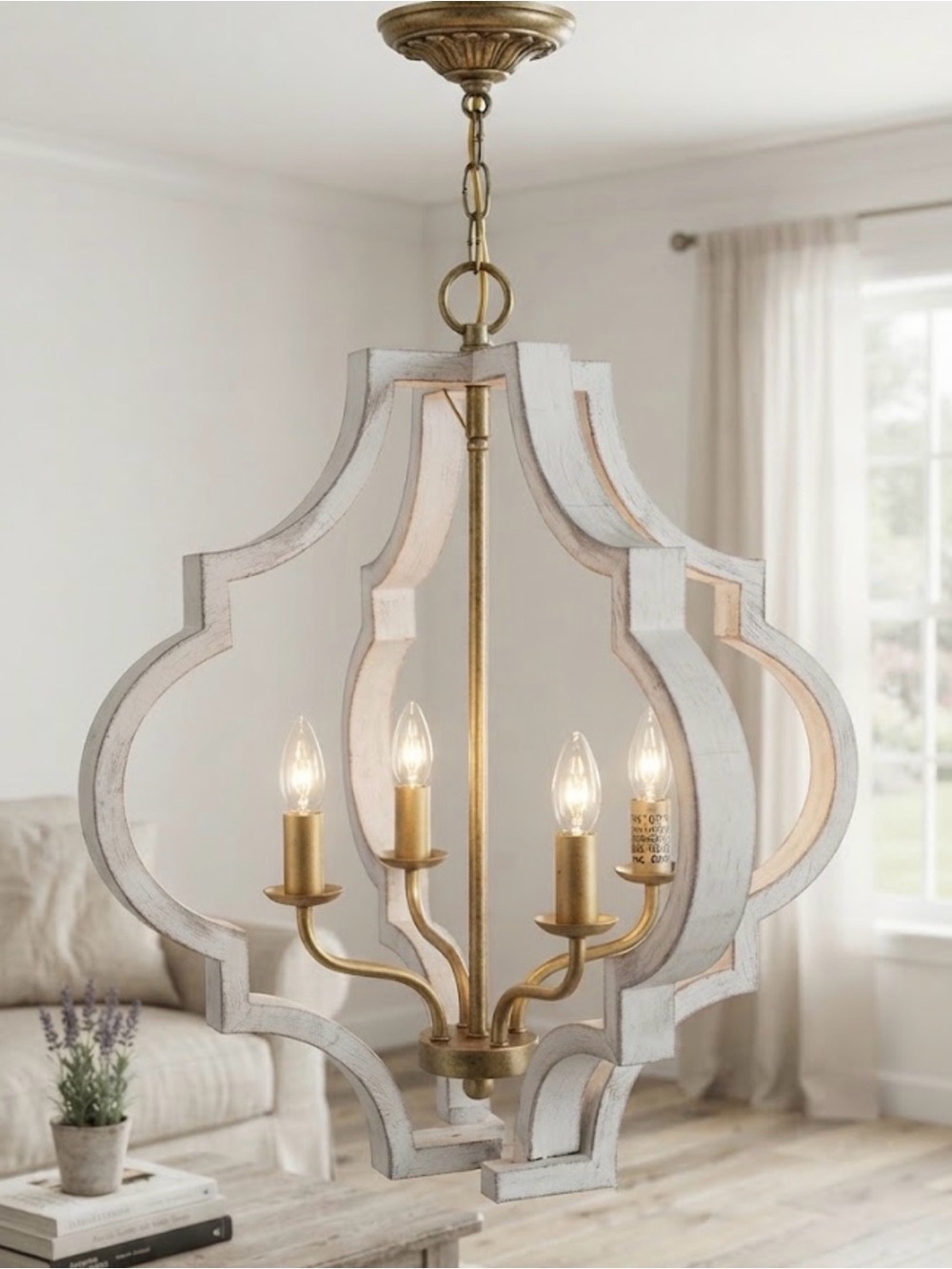 Distressed White and Gold Wood Chandelier - Elegant Home Pendant